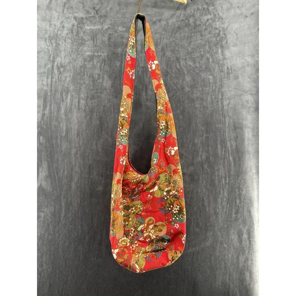 Boho Floral Crossbody Hobo Bag Red Cotton Hippie Festival Shoulder Purse